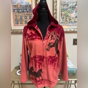 BIT & BRIDLE RED & ORANGE ZIP-UP HOODED FLEECE JACKET OUTDOOR COWBOY RODEO SZ S